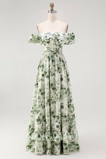 Green Floral A Line Off The Shoulder Ruffled Bridesmaid Dress